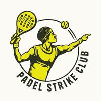 Retro-style logo featuring a male padel player in action with bold text elements and dynamic composition, perfect for sports branding, padel clubs, or merchandise. vector