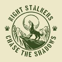 Retro-style badge featuring a howling wolf against a moonlit mountain scene with circular text elements, ideal for outdoor club logos, adventure branding, and hunting merchandise. vector