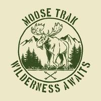 Retro-style badge featuring a moose within a circular emblem surrounded by a wilderness backdrop, ideal for hunting club logos, outdoor merchandise, and adventure branding. vector