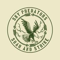 Retro-style badge featuring a bold eagle soaring through the sky with circular text design elements, perfect for outdoor adventure branding, hunting clubs, and wildlife merchandise. vector
