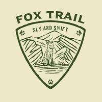 Retro-style badge featuring a fox within a shield design, accompanied by mountain scenery and paw prints, ideal for hunting clubs, outdoor merchandise, and adventure branding. vector