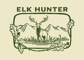 Retro-style badge featuring an elk standing majestically in a wilderness scene with surrounding mountain and oak leaf designs, ideal for hunting clubs, outdoor branding, or merchandise. vector