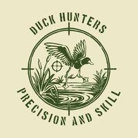 Retro-style hunting badge featuring a duck flying over a wetland with crosshair details, ideal for outdoor adventure clubs, duck hunting branding, or merchandise designs. vector
