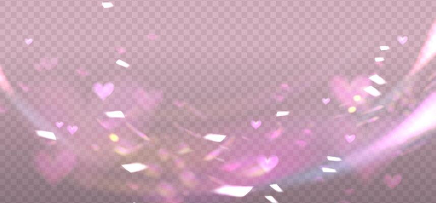 Prism pink romantic light sparkles overlay, crystal shine of heart light with flares. Prism light glasses or lens flare spectrum of gem glass refraction and sunlight shiny dispersion.