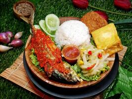 Closeup A complete meal featuring white rice, fried fish with red sambal, fried tempeh, fried tofu, fresh vegetables, sambal, and cucumber slices. photo