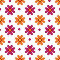 Seamless Pattern Orange and Pink Flowers, White Dots Background vector