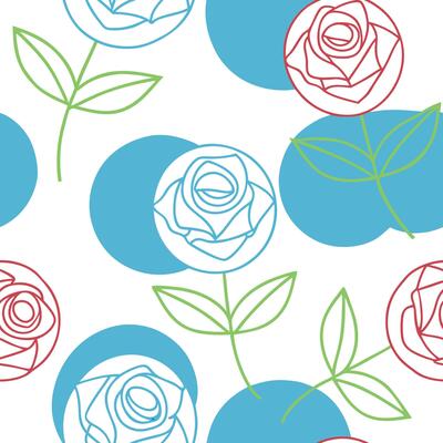 Seamless Pattern Blue Circles, Red and Blue Roses, Green Leaves