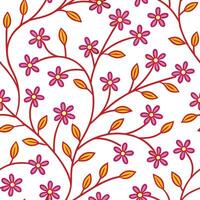 Red Stems, Pink Flowers, Orange Leaves, Seamless Pattern Design vector