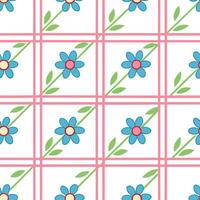 Blue Flowers Pink Grid Seamless Pattern Design Repeat Texture vector