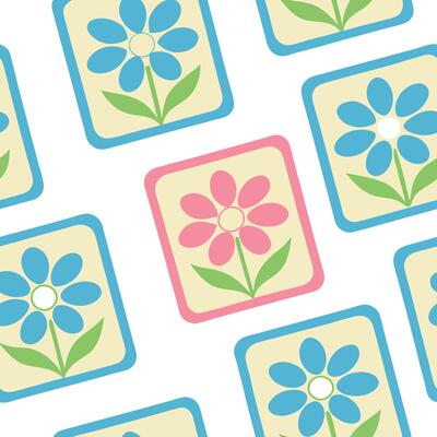 Retro Flower Pattern Blue, Pink, Square Tiles Design