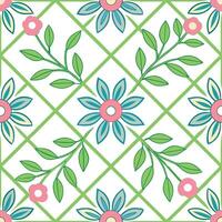 Floral Pattern Design Green Lattice, Teal and Pink Flowers vector