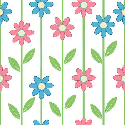Seamless Pattern Pink and Blue Flowers, Green Stems, White Background