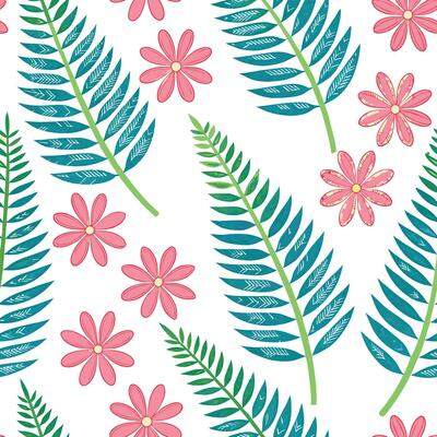 Floral Tropical Leaf Pattern Pink Flowers, Green Teal Ferns