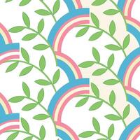 Pastel Rainbow Arcs and Green Leaves Seamless Pattern Design vector