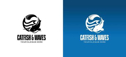 Catfish logo design with illustration of waves in a circle vector