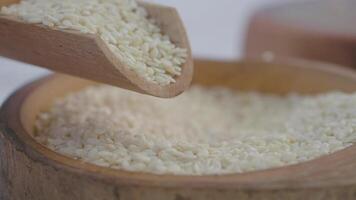 A detailed closeup view of rice being carefully scooped from a wooden bowl video