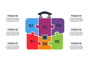 Puzzle infographic with 6 elements, presentations, illustration. Template for graph vector