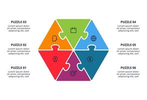 Puzzle infographic with 6 elements, presentations, illustration. Template for diagram vector