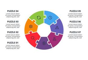 Puzzle infographic with 7 elements, presentations, illustration. Creative concept vector
