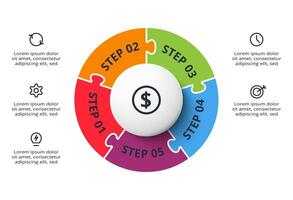 Puzzle infographic with 5 elements, presentations, illustration. Business data visualization. vector