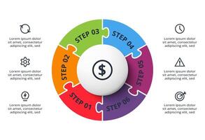 Puzzle infographic with 6 elements, presentations, illustration. vector