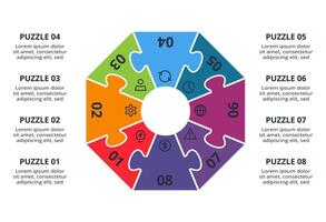 Puzzle infographic with 8 elements, presentations, illustration. vector