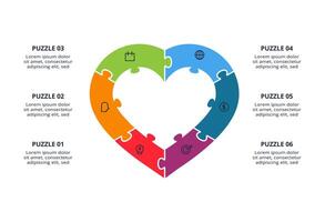 Puzzle infographic with 6 steps presentations, illustration. vector
