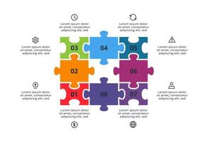 Puzzle infographic with 8 elements, presentations, illustration. Business data visualization. vector