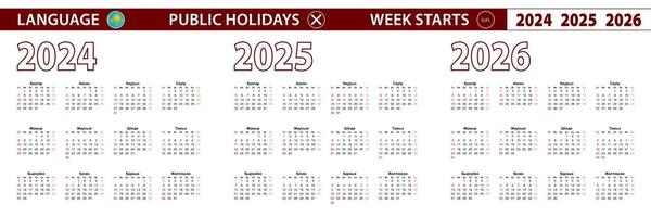 2024, 2025, 2026 year calendar in Kazakh language, week starts on Sunday. vector