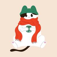 Cat in a hat and scarf holds a mug with a winter pattern in flat style. Perfect for postcard, winter and autumn cozy design. Isolated illustration. vector