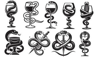 A snake on a wine glass illustration in black and white Set Design vector