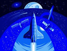 Illustration of a spaceship in orbit, orbital station, orbital module, planets, objects, meteorites. vector