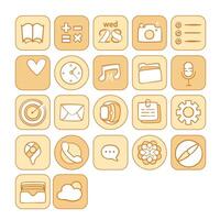 Set of interface icons, settings, clock, calendar, calculator, mail, messages, music, camera, notes, messengers, etc. in beige tones in vintage hand drawn style. vector