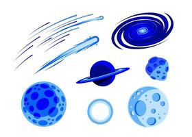 Set of illustrations of space objects, comet, meteors, planet, galaxy, asteroids. vector