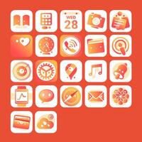 A set of interface icons, settings, clock, calendar, calculator, mail, messages, music, camera, notes, messengers, etc. in orange tones in a volumetric style. vector