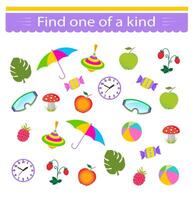Educational game for kids. Need to find one of a kind object. Visual intelligence. vector