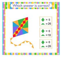 Math activity for kids. Need to find the correct answer. Cartoon kite. vector
