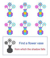 Educational game for kids. Task for attentiveness. Find a flower vase from which the shadow falls. vector