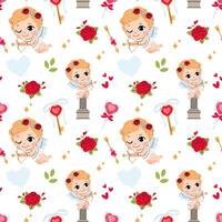 Charming Cupid with bow and arrow, rose, golden key and lollipop. Valentine's Day seamless pattern for textile, wrapping paper, background. vector