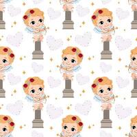 Charming Cupid with bow and arrow sits on a column. Valentine's Day seamless pattern for textile, wrapping paper, background. vector