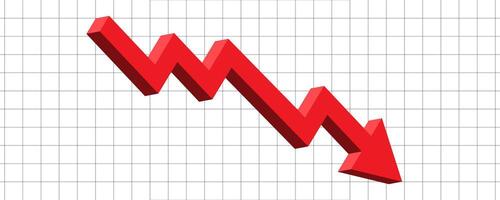 3D red arrow for business risk, fall, down, bear forex market trend in grey chart in transparent banner background template vector