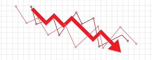 red down, bear market fall arrow with two support market lines falling down in the business market, profit in grey transparent chart lines background banner template vector