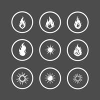 Fire flame icon set and sun icon set vector
