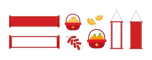 Set of red Chinese New Year Festive Decorations with Scrolls, Firecrackers, and Gold Ingot Oranges Prosperity Baskets illustration vector