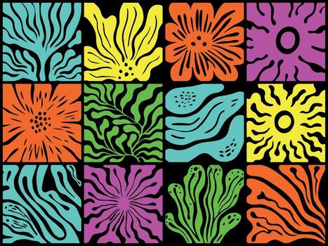 Set of abstract groovy flowers. Elegant flower shapes in geometric forms. vector