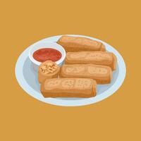 A plate with fried bread sticks and ketchup vector