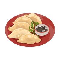 Chinese dumplings with dipping sauce on a red plate vector