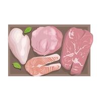 Meat and fish in a box on a white background vector