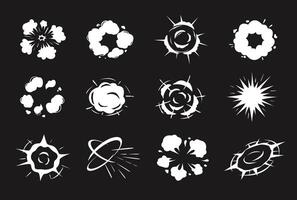 Puff cartoon effect shapes. Radial explosion, dynamic smoke bursts, swirling energy rings and explosive abstract silhouettes. Action scene blast impact visuals isolated set vector