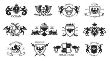Heraldic animal emblem templates. Elegant coat of arms, noble crest designs with stencil mythical creatures, phoenix bird, royal unicorn, beetle shield, deer and bull set vector